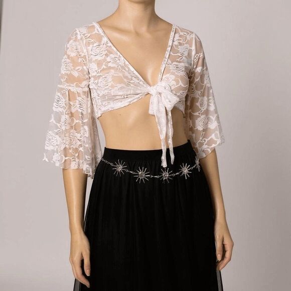 White V Neck Floral Lace Bell Sleeve Front Tie Cropped Cardigan NWT - Picture 2 of 3